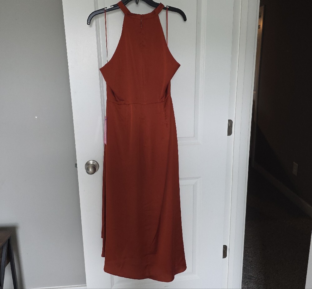 Badgley Mischka Rust Halter Ruffle High-Low Gown - Picture 12 of 16